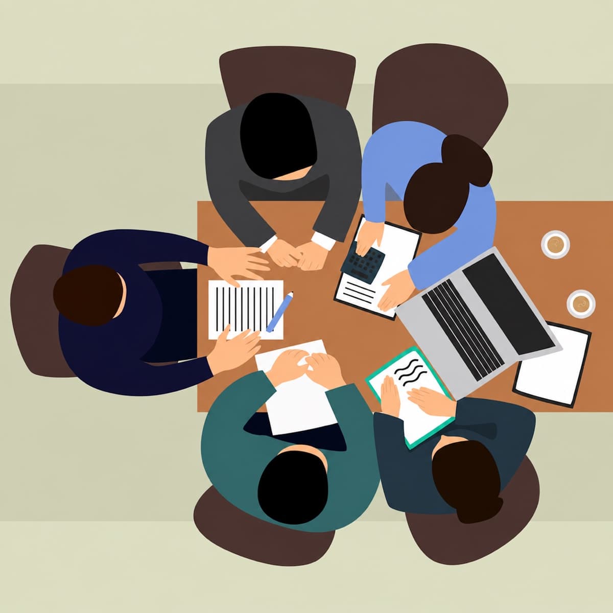 Illustration of a hiring debrief around one table, seen from above