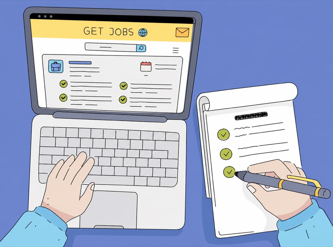 Illustration of the old way: juggling job boards and a handwritten checklist